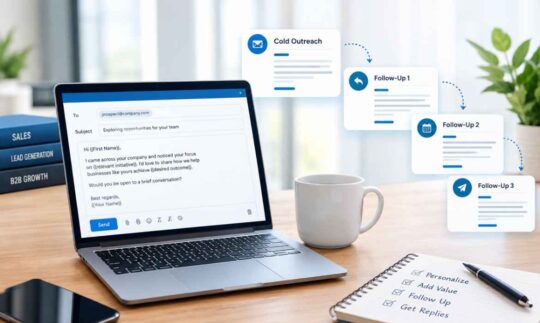 B2B sales professional reviewing cold outreach and follow-up email templates for business communication.