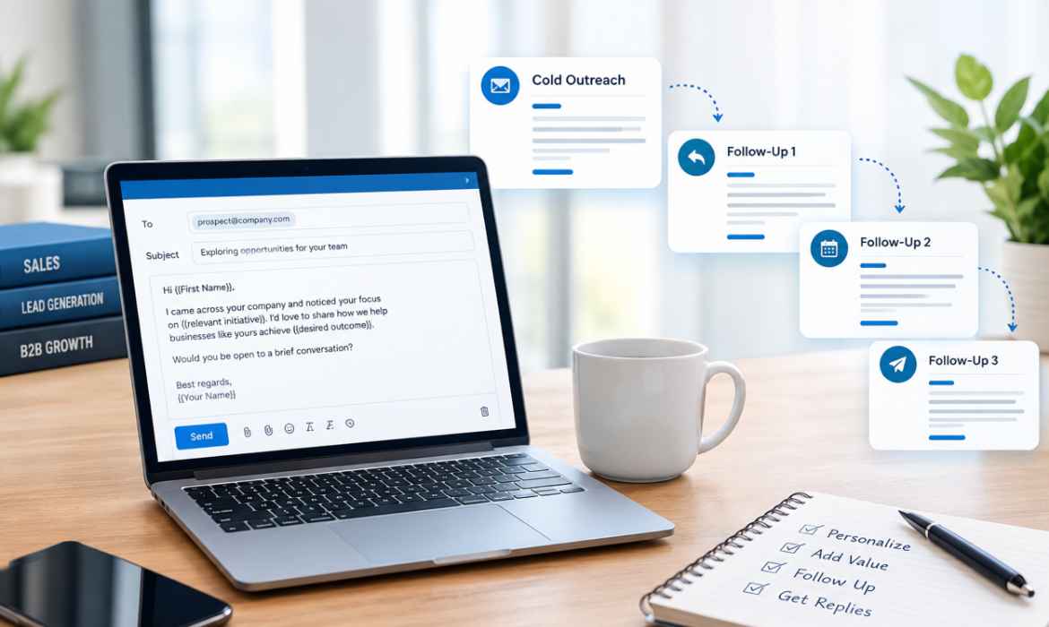 B2B sales professional reviewing cold outreach and follow-up email templates for business communication.