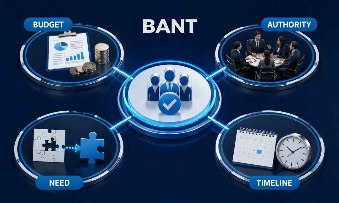 BANT framework for B2B lead qualification covering budget, authority, need, and timeline