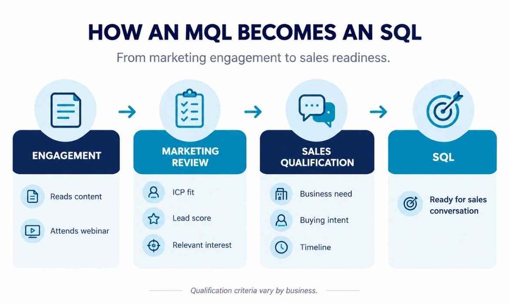 B2B lead qualification process showing how a marketing qualified lead (MQL) becomes a sales qualified lead (SQL)