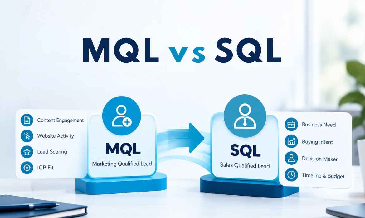 MQL vs SQL comparison showing marketing-qualified leads progressing to sales-qualified leads